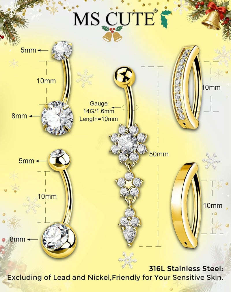 MS CUTE 5PCS Belly Button Rings for Women 14G Dangle Navel Piercing Jewelry Set Surgical Stainless Steel Body Jewelry with CZ Butterfly Flower Teardrop Barbell for Beach Festival Daily - Image 4